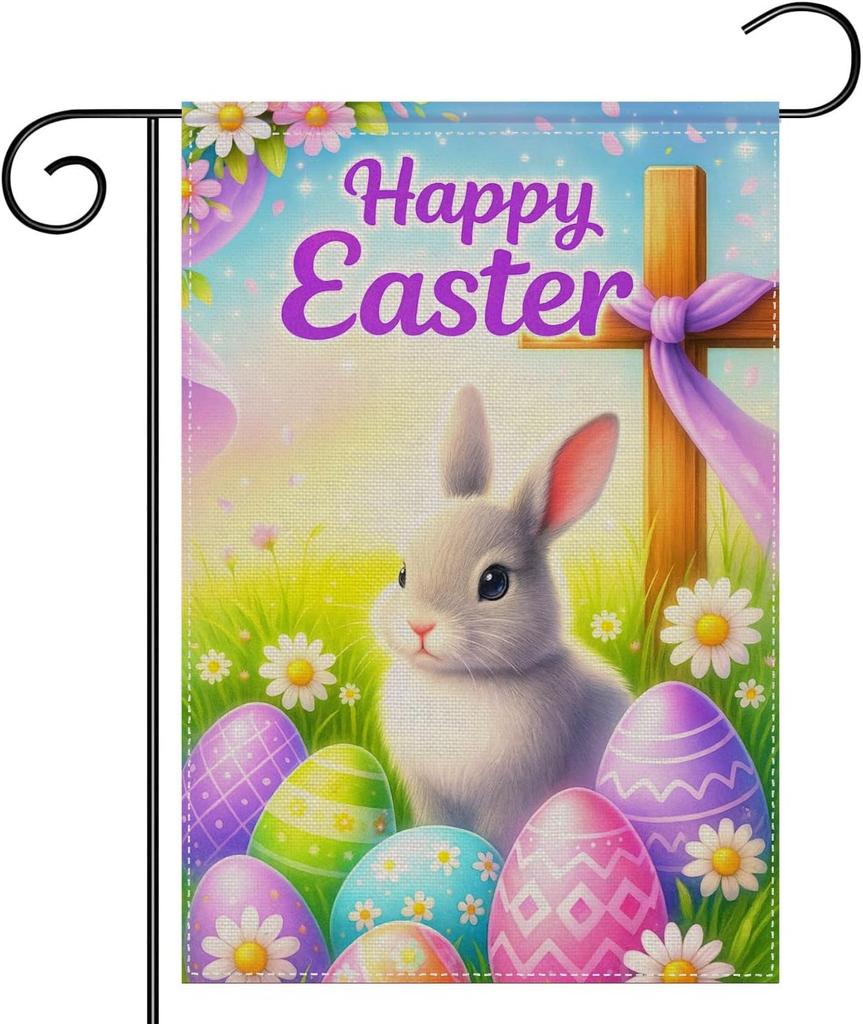 Happy Easter Garden ag 12x18 Double Sided - Cute Spring Bunny Egg Religious Cross Yard ags Outside, He is Risen Vibrant