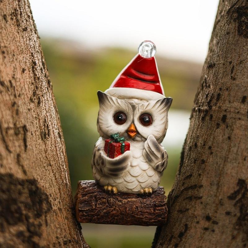 Owl Statue with LED Lighted Santa Hat for Festival Home Accent Resins Miniature Figurine Christmas Decorative Ornament