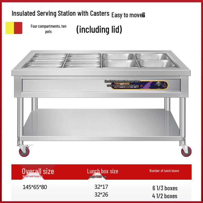 Stainless Steel Mobile Food Warming Table with Casters - Insulated Hot Dish Serving Cart
