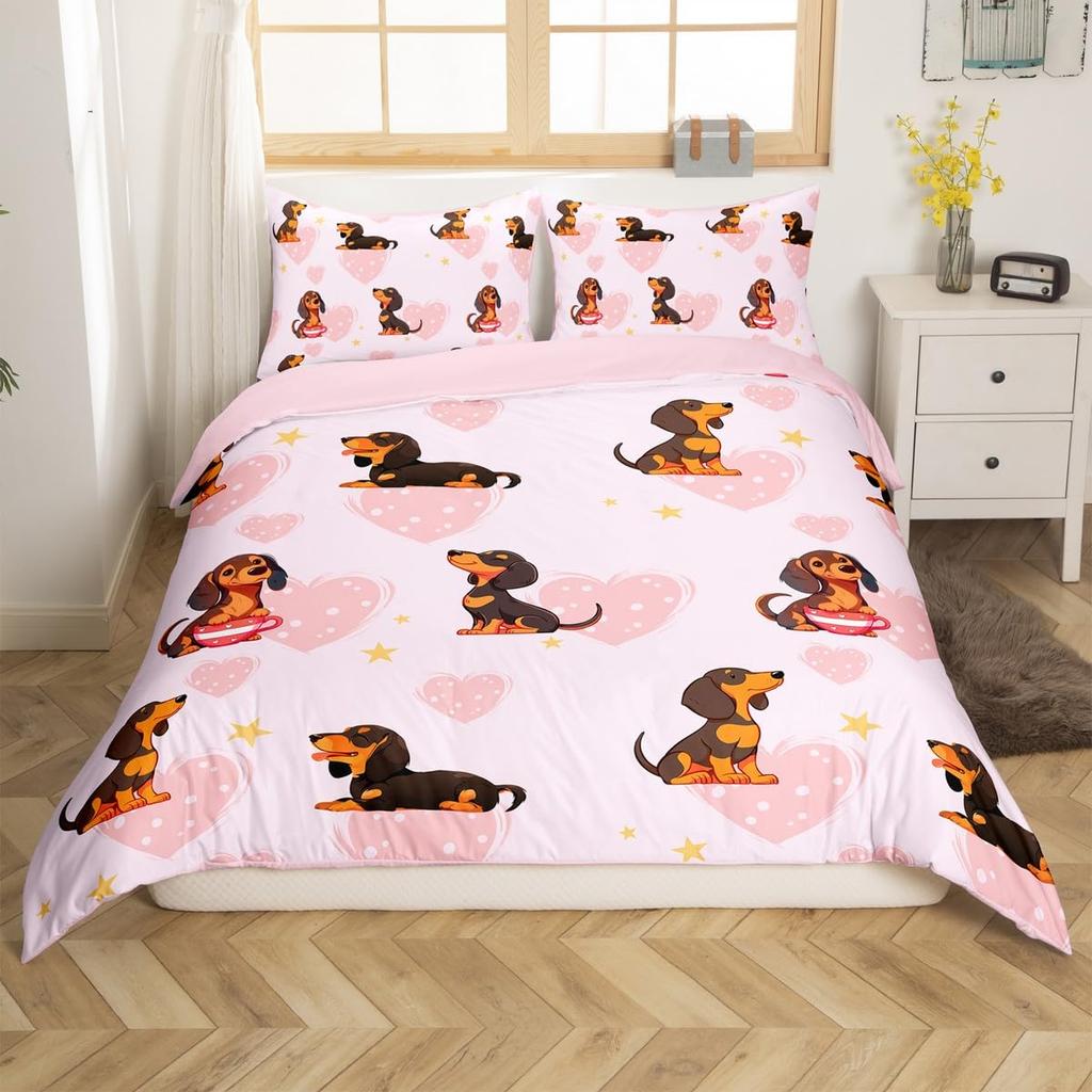 Puppy Dog Duvet Cover Queen King,Cartoon Animal Bedding Set For Kids Boys Girl,Microfiber Watercolor Pink Love Heart Quilt Cover