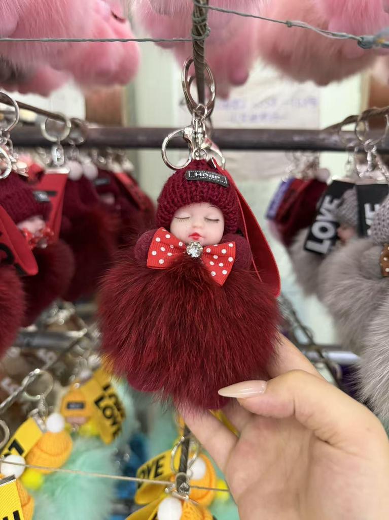 Authentic Fox Fur Pompon Keychain: Cute Plush Sleeping Doll Bag Charm