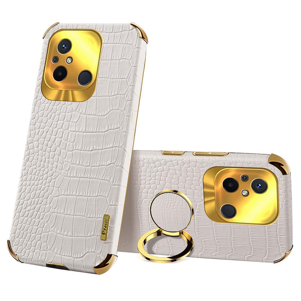 

For Xiaomi Redmi 12C 4G Ring Kickstand Leather Coated TPU Anti-drop Case Crocodile Texture 6D Electroplated Phone Cover White