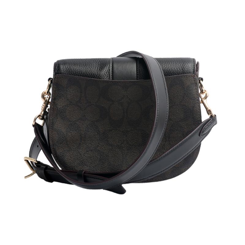 Coach Georgie 21 Carriage Buckle Presbyopic Color Matching Coated Canvas and Leather Crossbody Bag Small Size Women's Dark Brown Black