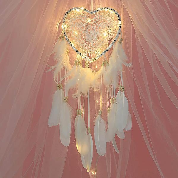 1PC romantico acchiappasogni a LED con acchiappasogni di piume luce notturna comodino per la casa appeso a parete decorazione di nozze per feste di casa