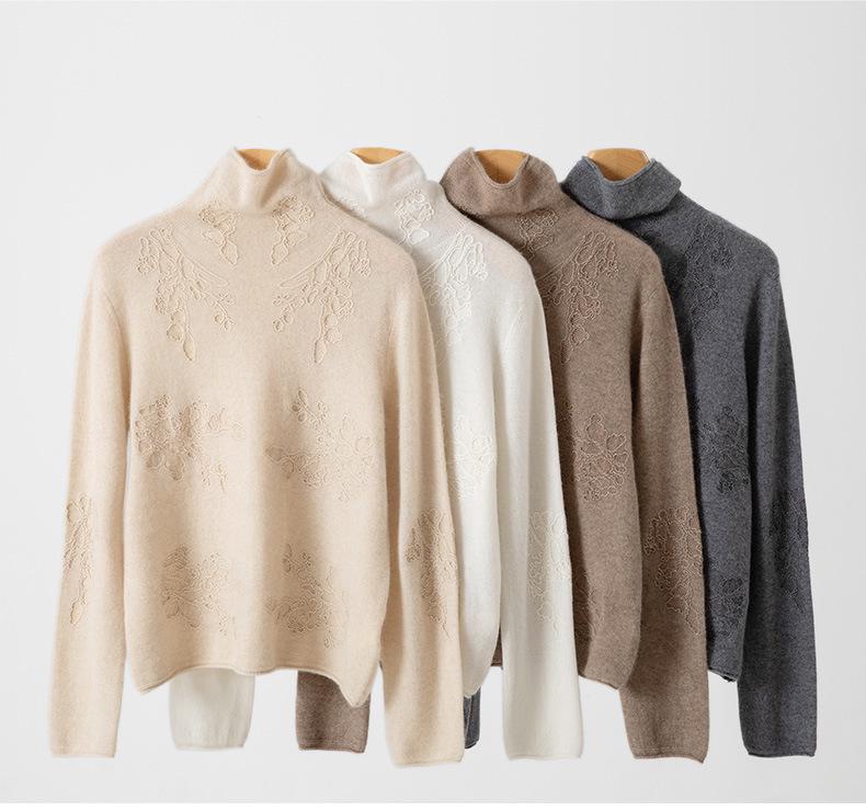 Lekasha 100% Pure Cashmere Rolled Edge High Neck Embossed Knit Top