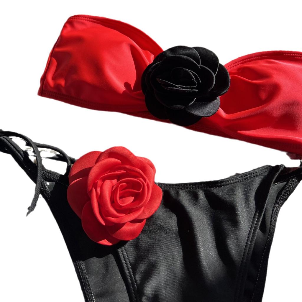 Europeisk og Amerikansk Fargematching Rose Tube Topp Snøring Stropp Splitt Badebukse Bikini