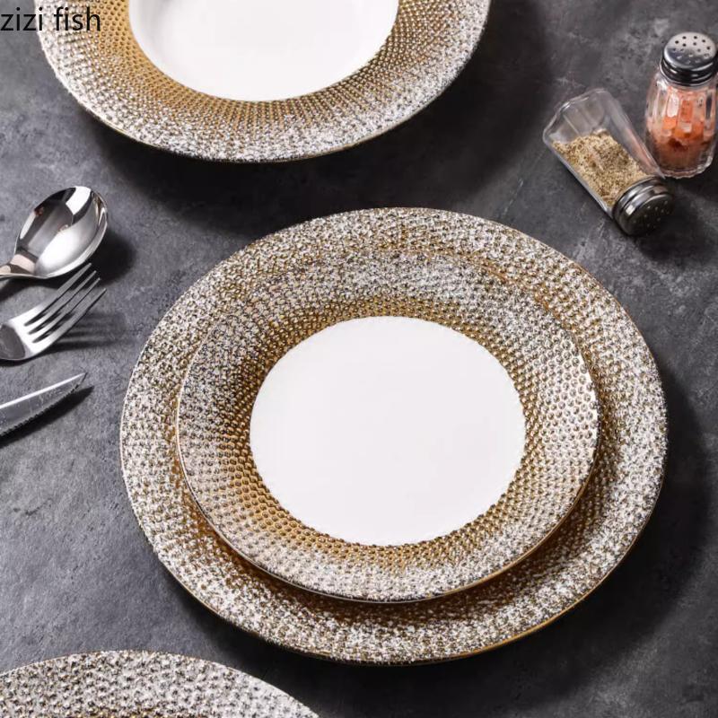 Golden Ceramic Dining Plate Pasta Dish Steak Plates Grass Hat Soup Plate Dessert Bowl Serving Plates Fruit Salad Bowl Sushi Dish