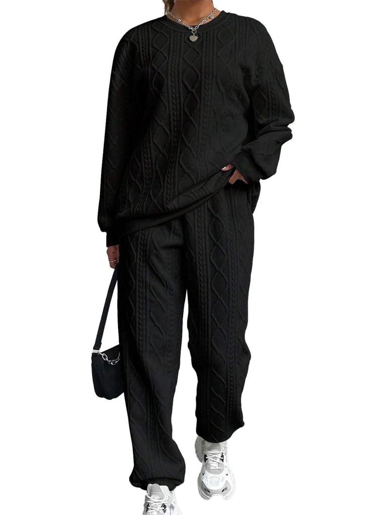 2025 Women's Cable Knit Patchwork Crew Neck Top & Jogger Set - Spring/Autumn