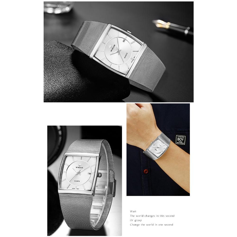 WWOOR Luxury Gold Watch Men Square Quartz Slim Steel Mesh Waterproof Sports Automatic Date Wrist Watches Relogio Masculino