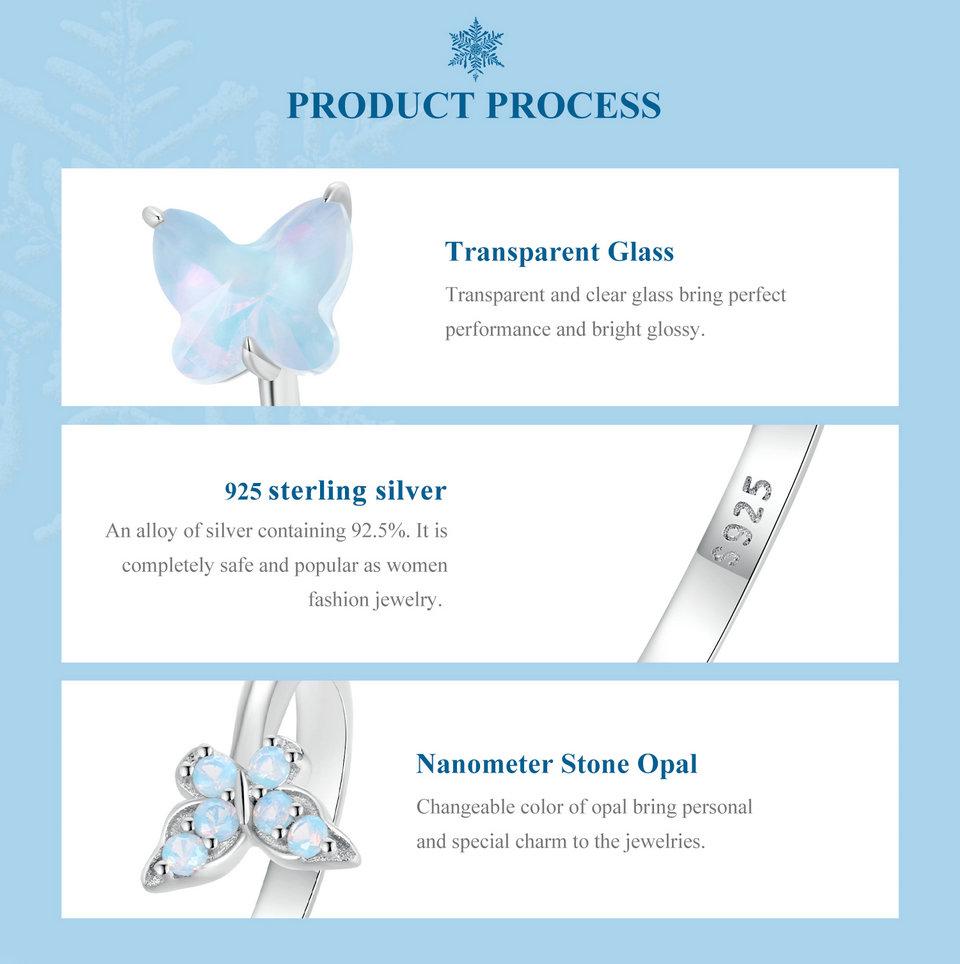 WOSTU Inel ajustabil cu fluture albastru de gheață din argint 925 pentru femei, opal de foc, piatră, insecte, inele rafinate de petrecere, cadou de nuntă