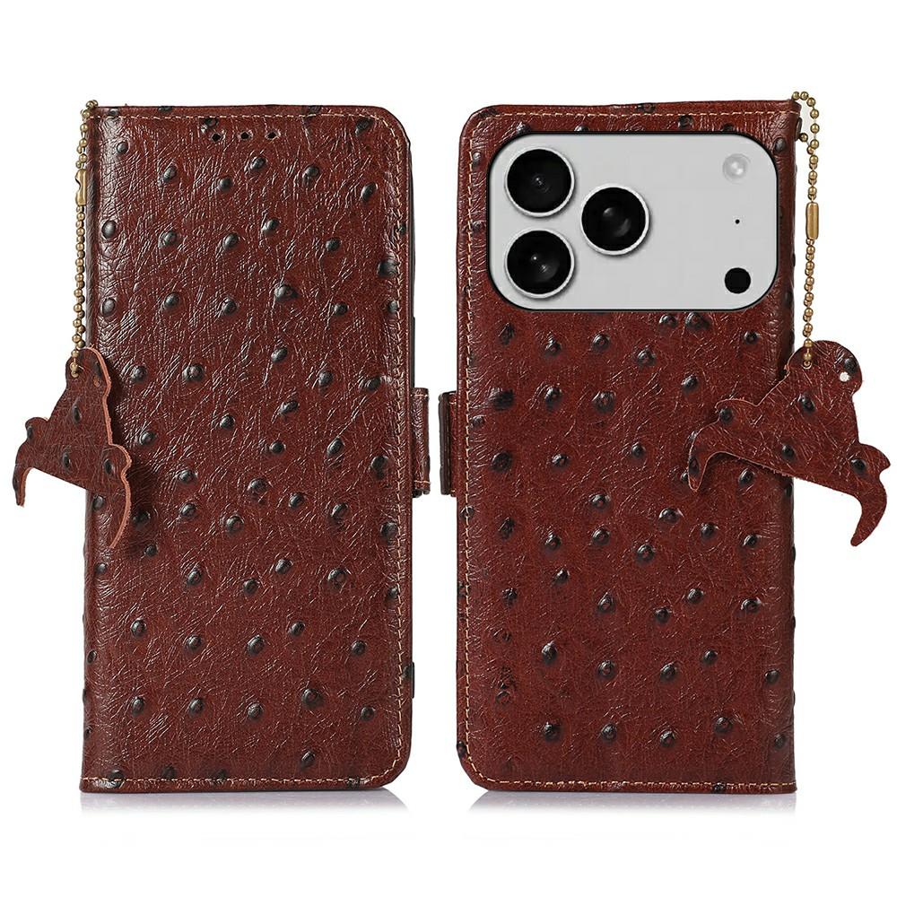 For iPhone 17 Pro Case RFID Blocking Genuine Cow Leather Phone Case Ostrich Texture