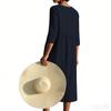 Ladies' Casual Round Neck Button Pocket Cotton Linen Mid Sleeve  Dress