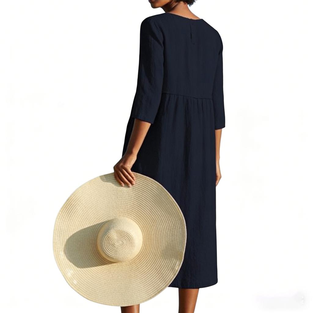 Ladies' Casual Round Neck Button Pocket Cotton Linen Mid Sleeve  Dress