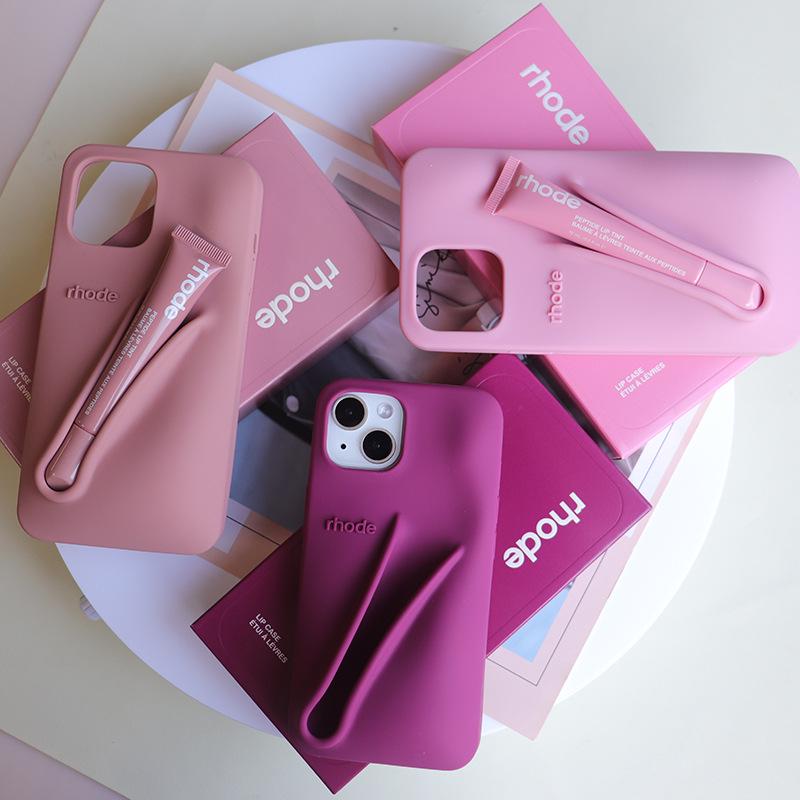 Rhode Silicone Full-Coverage iPhone 13/14/15 Pro Max Case with Lipstick Lip Gloss Design