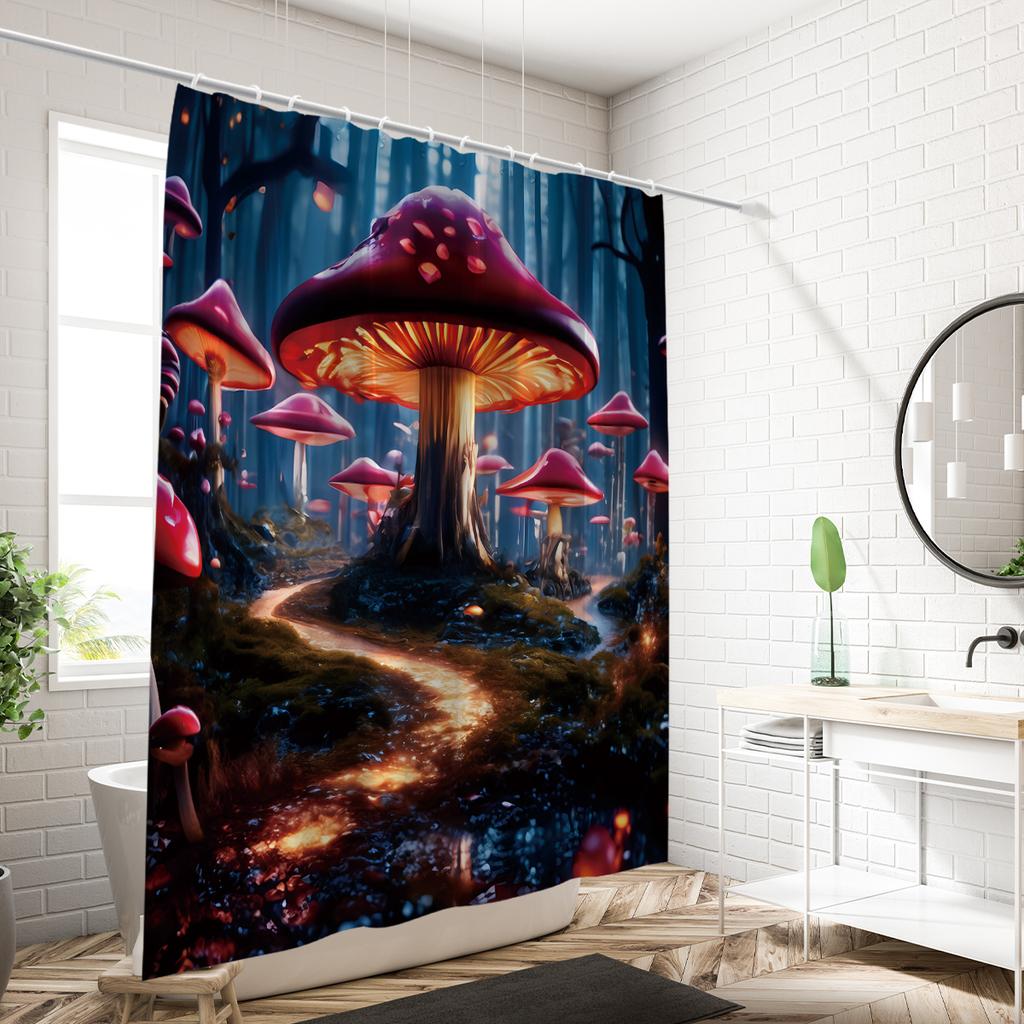1Pc Mashroom Wonderland Pattern Printed Shower Curtain, Waterproof, Washable, With 12 Hooks, Bathroom Shower, Bathtub, Home Use