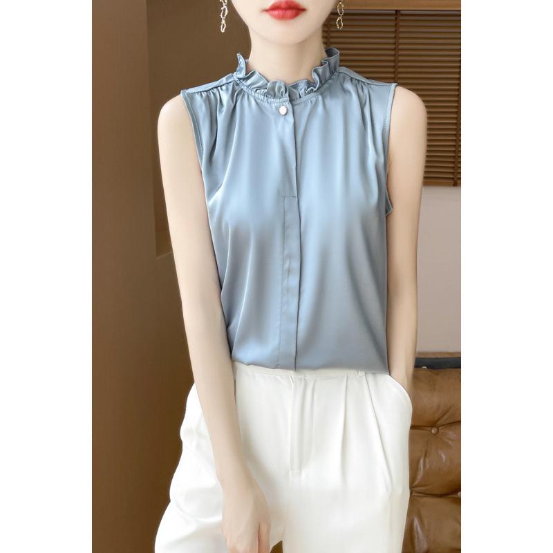 Summer Silk Satin Ruffle Collar Sleeveless Top - Women s Stand Collar Luxury Vest L
