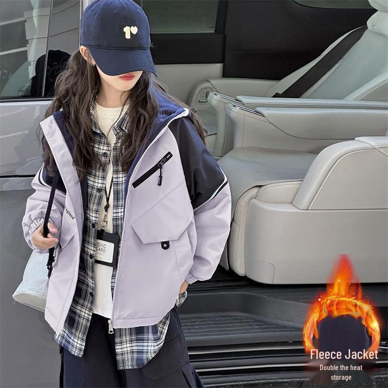 

2025 Girls Fleece-Lined Thickened Windbreaker – Trendy Autumn/Winter Coat 170 cm фиолетовый/розовый