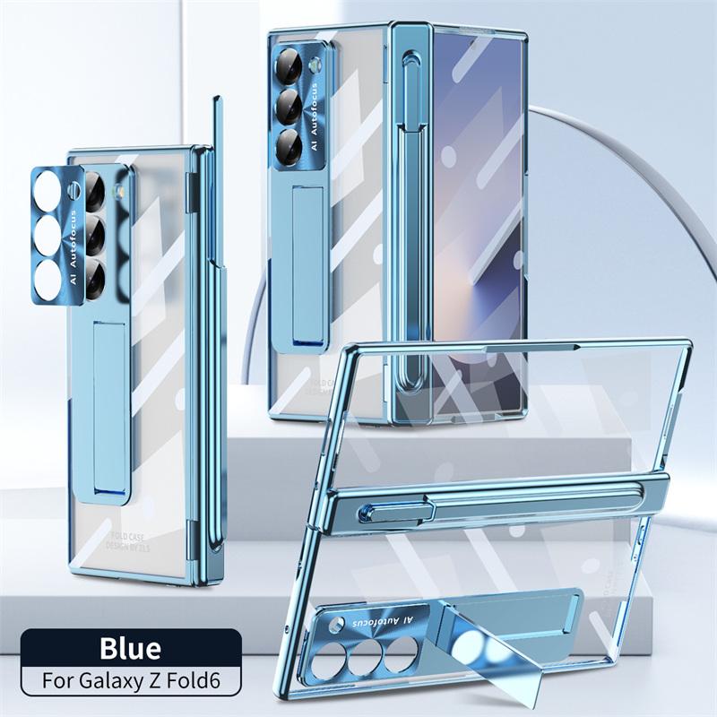 For Samsung Galaxy Z Fold 6 5 4 3 Transparent Plating PC Hinge protection Full Body Stand Pen Slot Case with Tempered Glass
