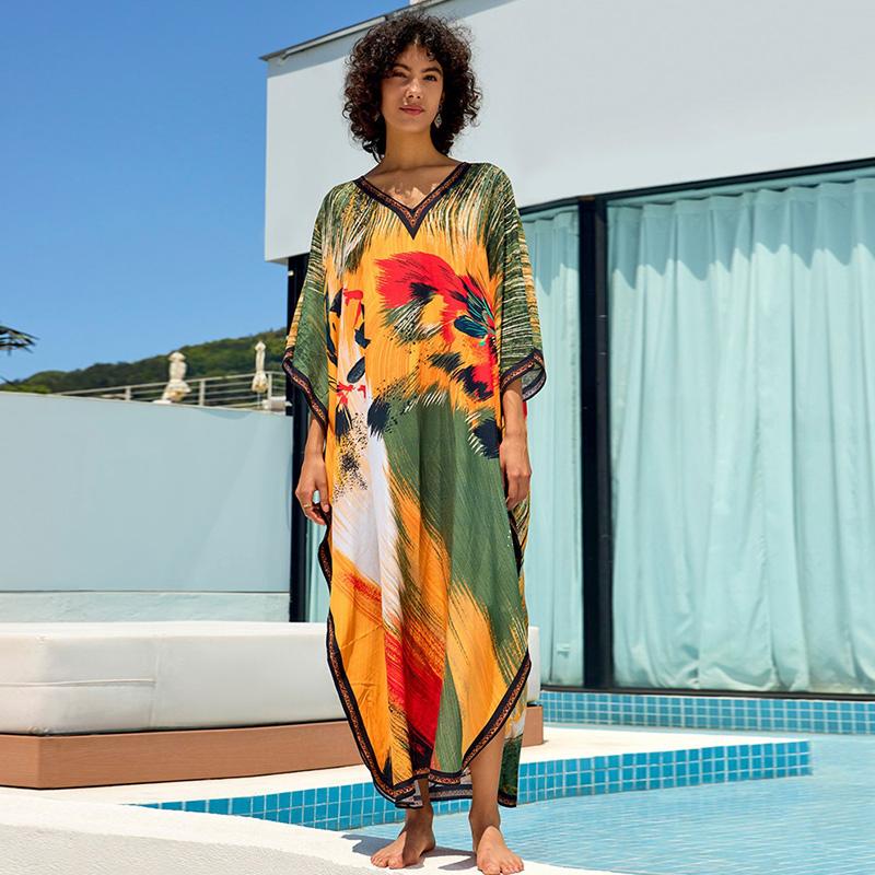 EDOLYNSA Boho Printed Plus Size Kaftan 2024 Kobiety Dekolt w Serek Rękaw Nietoperz Luźny Szlafrok Letnie Wakacje Plaża Maxi Sukienka Strój Kąpielowy Cover Up