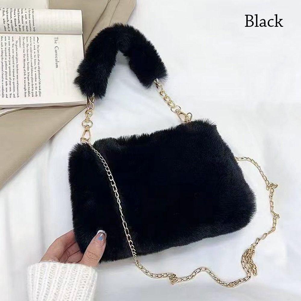Fashi Women Fluffy Shoulder Bags Female Winter Chain Underarm Bag Solid Color Handbag Soft Plush Handle Bag