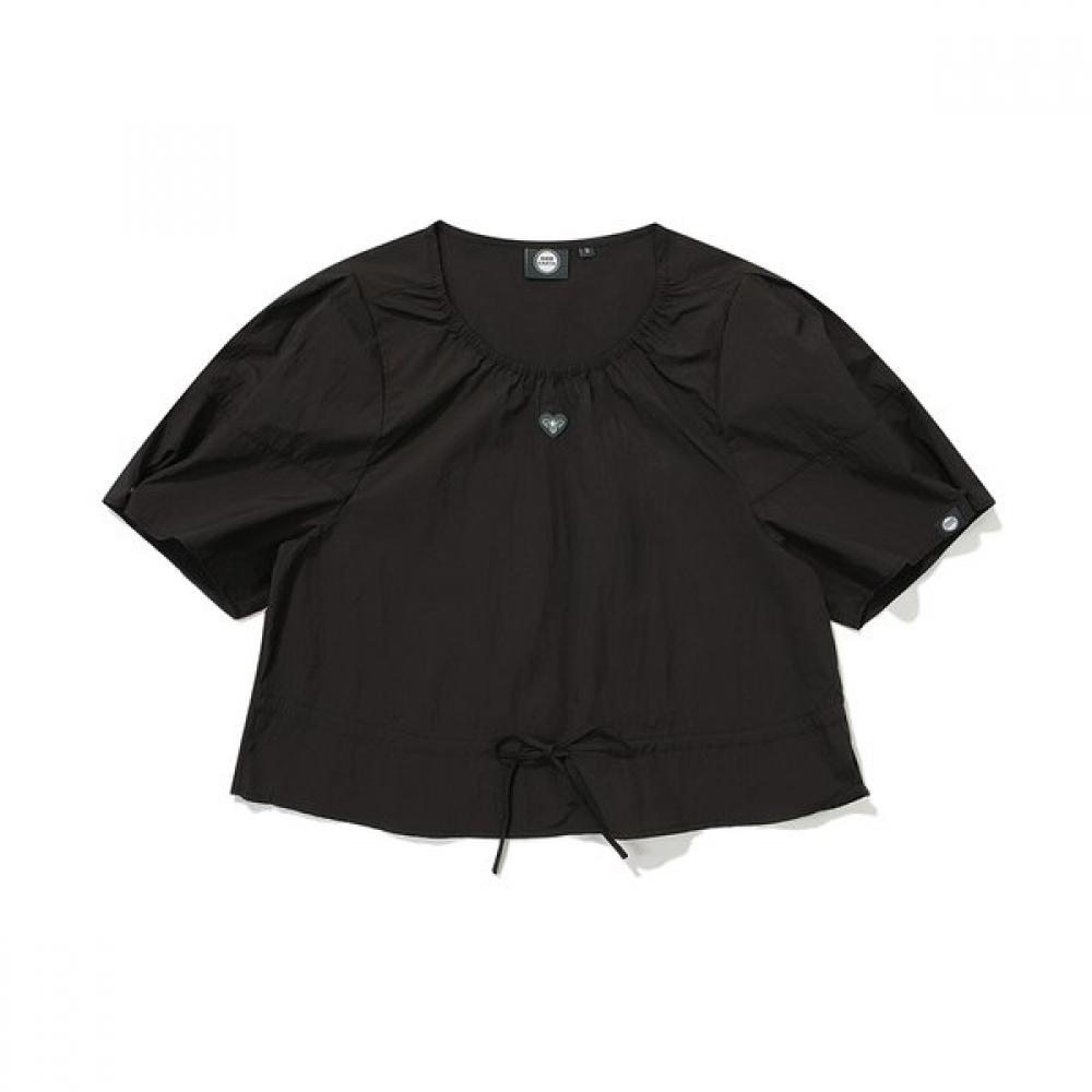 Women Shirring Ribbon Woven Short Sleeve  Charcoal 090