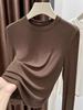 Coffee-Colored Slim-Fit Women's Base Layer Shirt - Soft Round Neck, Versatile Thin T-Shirt for Autumn/Winter.