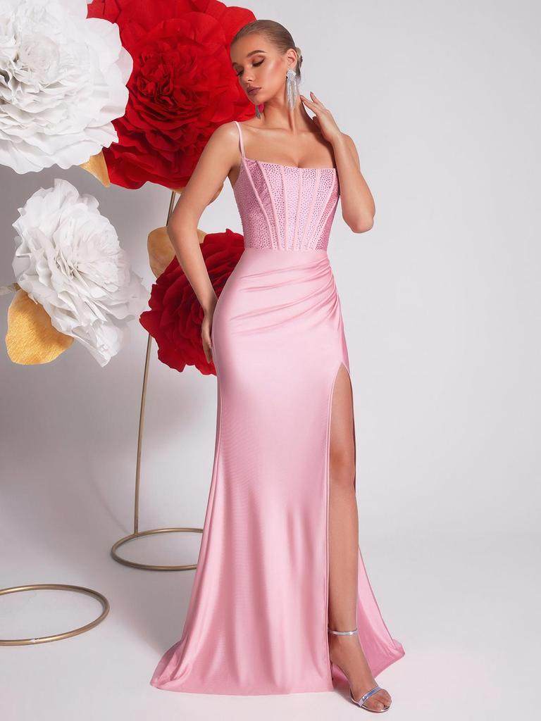 2026 Frühling Rosa Strass-Spaghettiträger Meerjungfrauen-Abendkleid