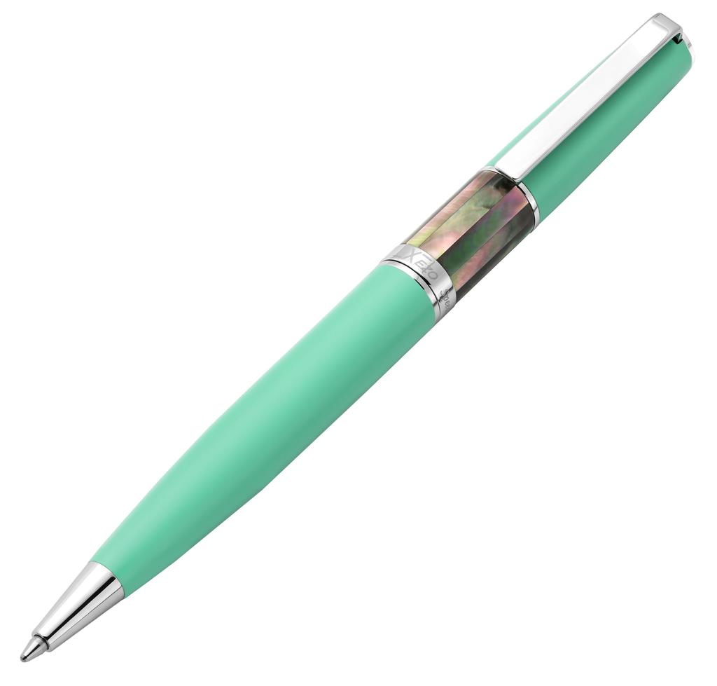 Xezo Speed Master Twist Action Medium Ballpoint Matte Aqua Tahitian Black Chrome Lightweight brass Pen. Green, Mother-of-Pearl. plated. body.
