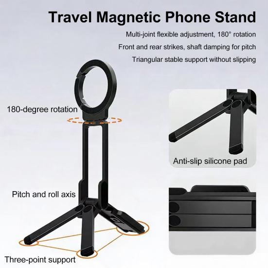 Magnetic Travel Phone Holder Portable Rotating Clip for Backpack & Selfie 5-in-1 Mode Foldable Phone Stand for Vlogging Live Streaming Adventure