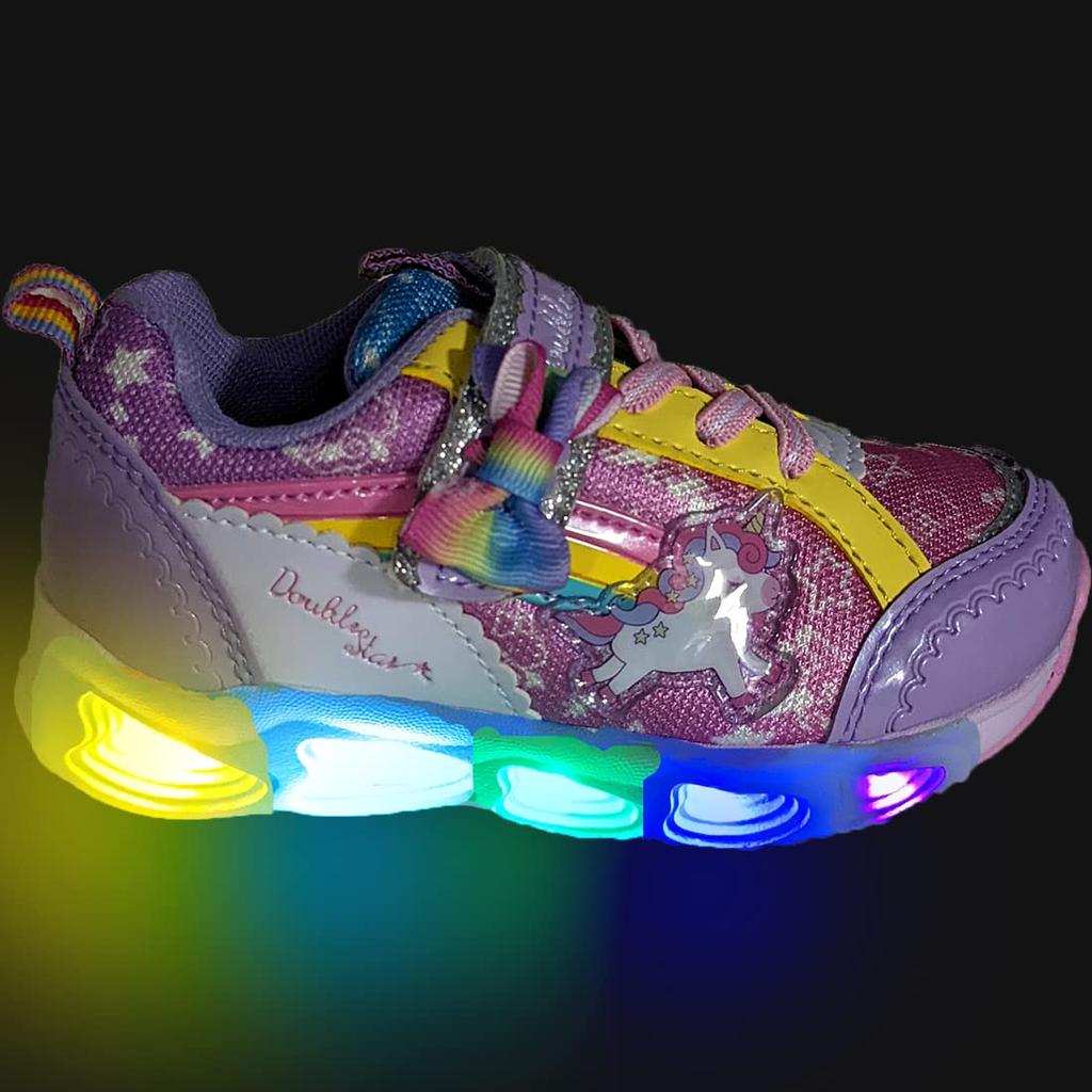 4957 Double Star Luminous Unicorn Girls Kids Sneakers [Double Star] (Purple/Purple (02), 16cm)