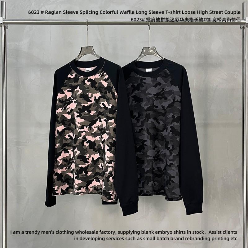 250g Vintage Camo Waffle Knit Raglan Sleeve Boxy Fit Long T-Shirt Couples