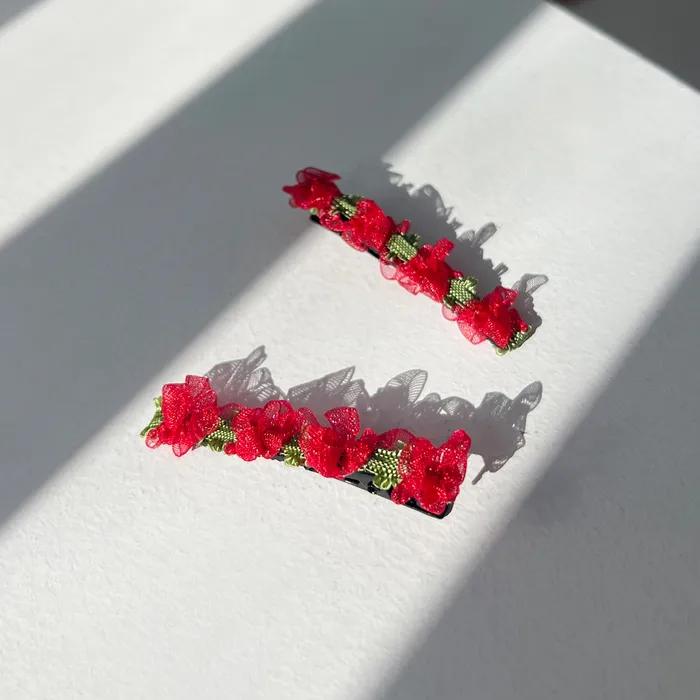 [2SET] lace red flower hair pin