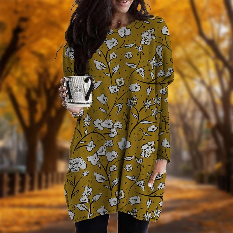 

Новинка осени. Платье большого размера с цветочным принтом. Женское повседневное платье с круглым вырезом и длинными рукавами. Платья с карманами. 8XL жёлтый