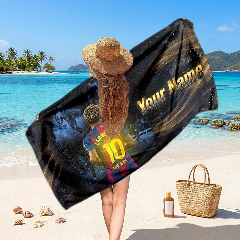 Asciugamano da Spiaggia Personalizzato Lamine Yamal, Stampa Testo Nome Personalizzato, Asciugamano Morbido ad Asciugatura Rapida con Logo Calcio, Regalo per le Vacanze