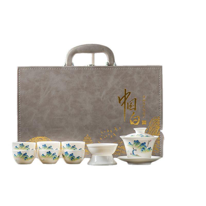 Chinese high-end Dehua suet jade white porcelain tea set Kung Fu teacup office guest cover bowl set