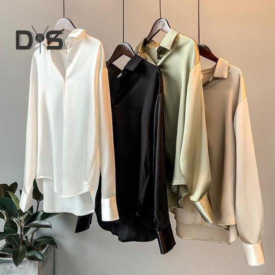 Damen-Hemd mit Revers, langärmelig, einreihig, Oberteile, einfarbig, glatter Satin, lockere Passform, vielseitiges Hemd