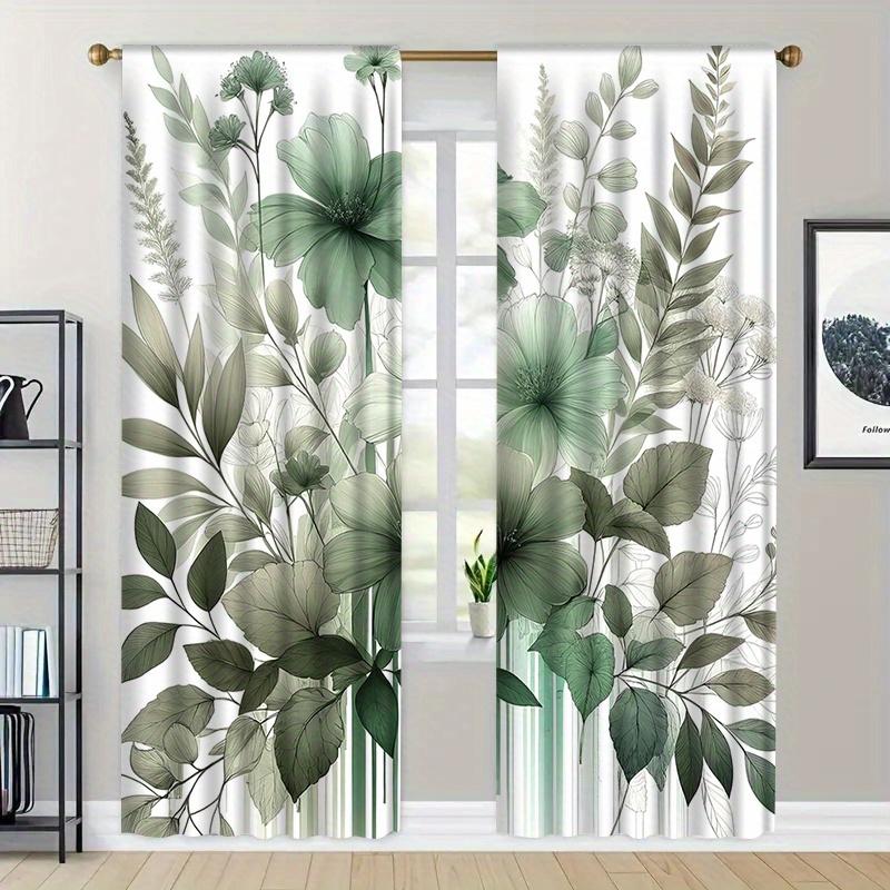 2pc Green plant leaf pattern curtains   polyester fabric   machine washable   suitable for bedroom and living room decoration