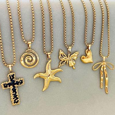 2025 French Retro Cross & Heart Multi-Pendant Sweater Chain for Women - Stainless Steel Light Luxury Design
