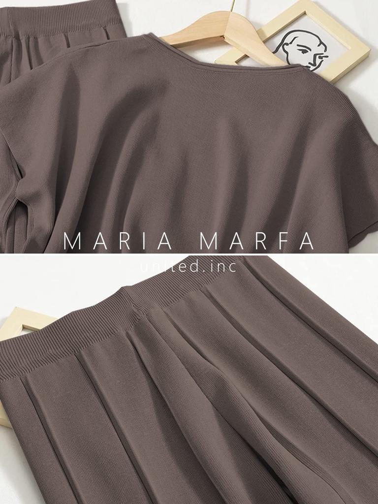 Maria Marfa French Sleeve and Pants Remote Office Maxi Size Cut and T-Shirt High-Waisted Set, 2-Piece Set, Spring/Summer, Collarless, Brown, Pants,