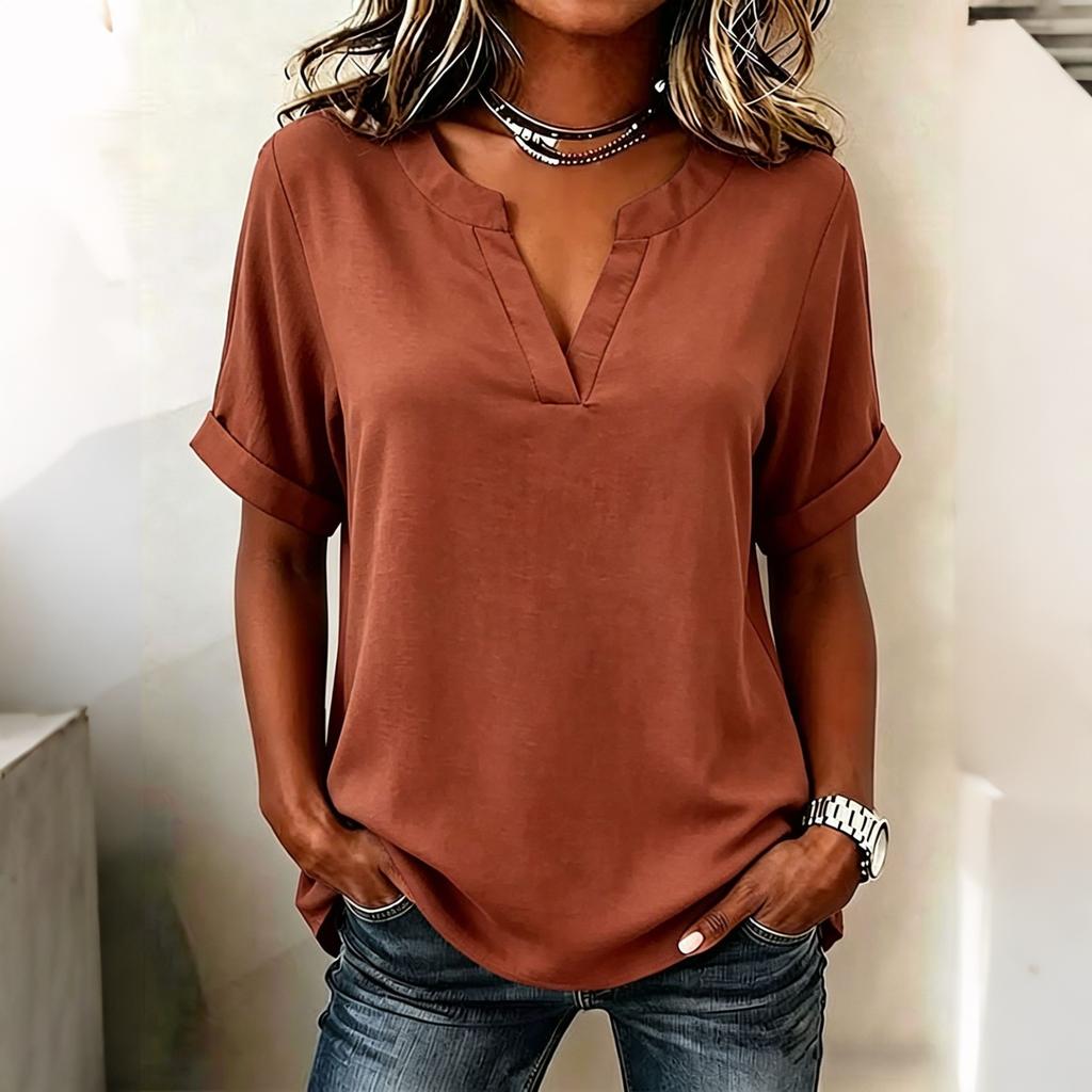 Women V Neck Short Sleeve Casual Blouse Lightweight Loose Fit Tunic Top with Roll Up Sleeve Design for Everyday Wear
