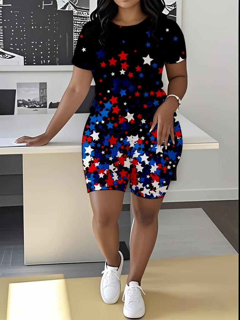 Leopard Print Splicing Women's Casual Suit Short-sleeved Shorts 1D Digital Flower Printing Fashion T-shirt Set