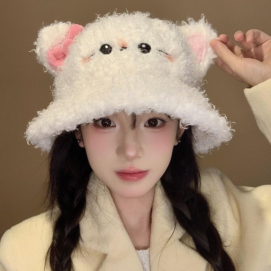 Autumn and winter cute cat bow bucket hat lamb plush bucket hat women's big head circumference washbasin hat