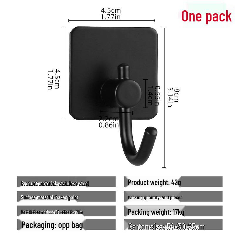 Stainless Steel No-Drill Adhesive Hook for Bathroom/Kitchen – Black