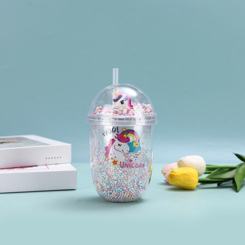 Water bottle creative unicorn double plastic cup high value male and female students cartoon summer straw cup children's water cup