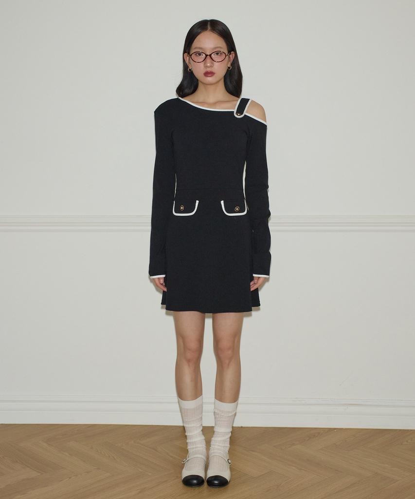 SALON DE YOHN One Shoulder Long Sleeve Mini Dress_ Black