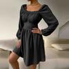 Women's Fashion Colour Square Neck Long Sleeve High Waist Dress