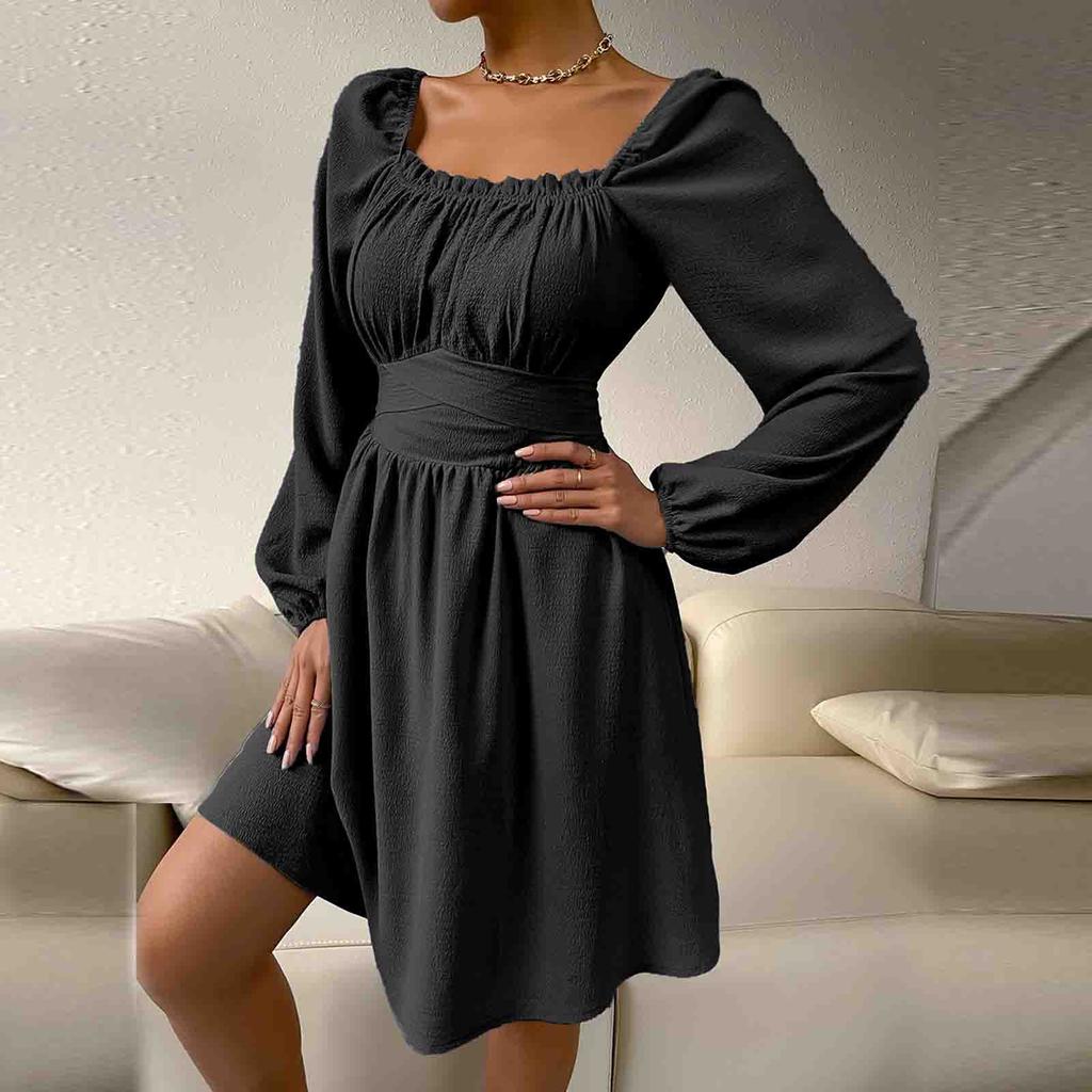 Women's Fashion Colour Square Neck Long Sleeve High Waist Dress