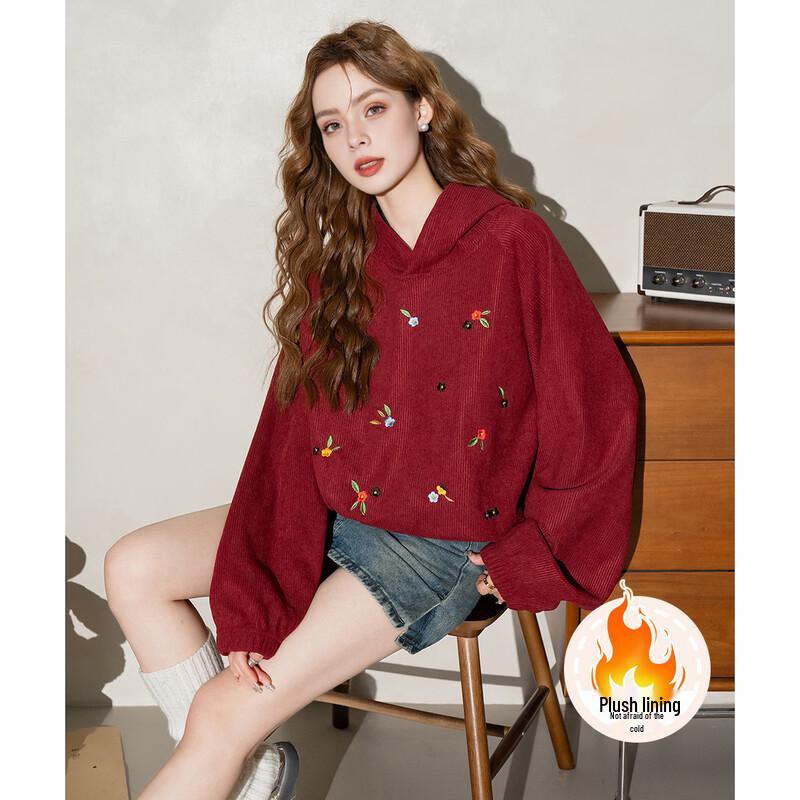 Embroidered Loose Fit Hooded Fleece Sweatshirt XL