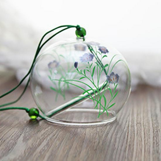 Japanese-Style Hand-Painted Scenic Glass Wind Chime with Floral Design