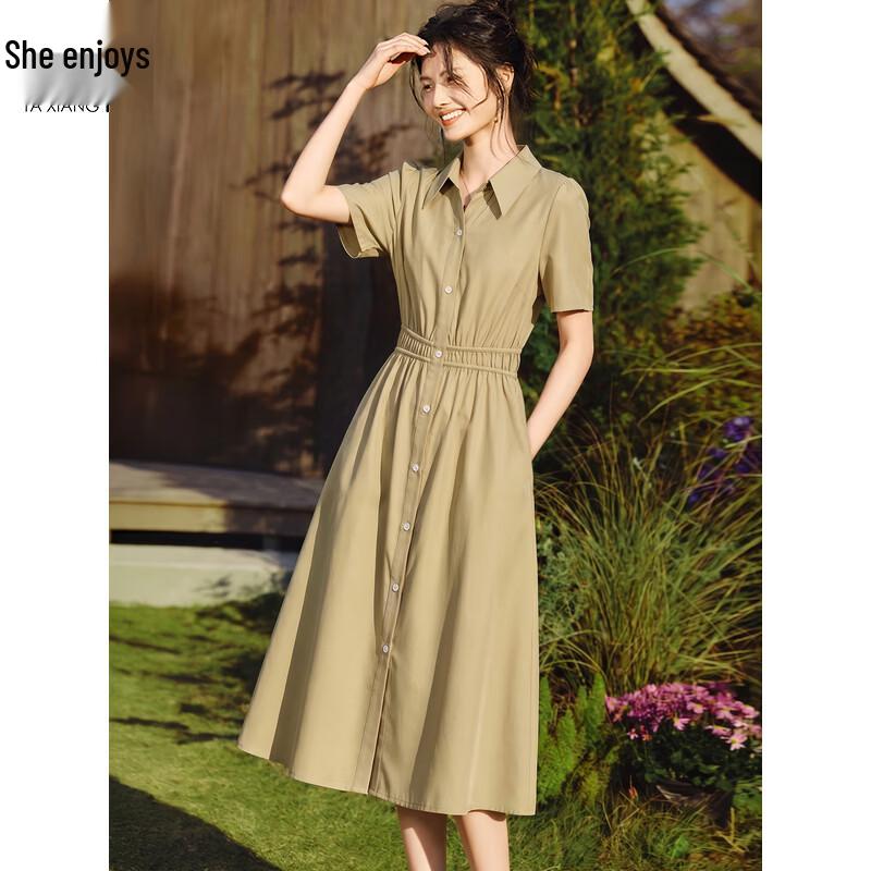 Women s Elegant French Lapel Short Sleeve Midi Shirt Dress XL